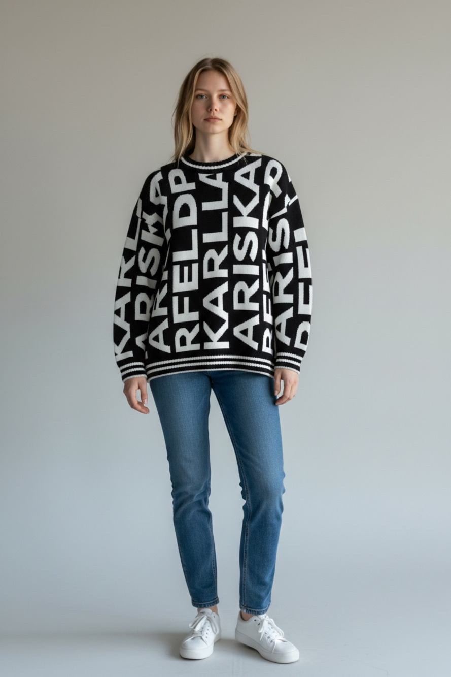 Karl Lagerfeld Paris Women's Allover Logo Print Crew Neck Sweater